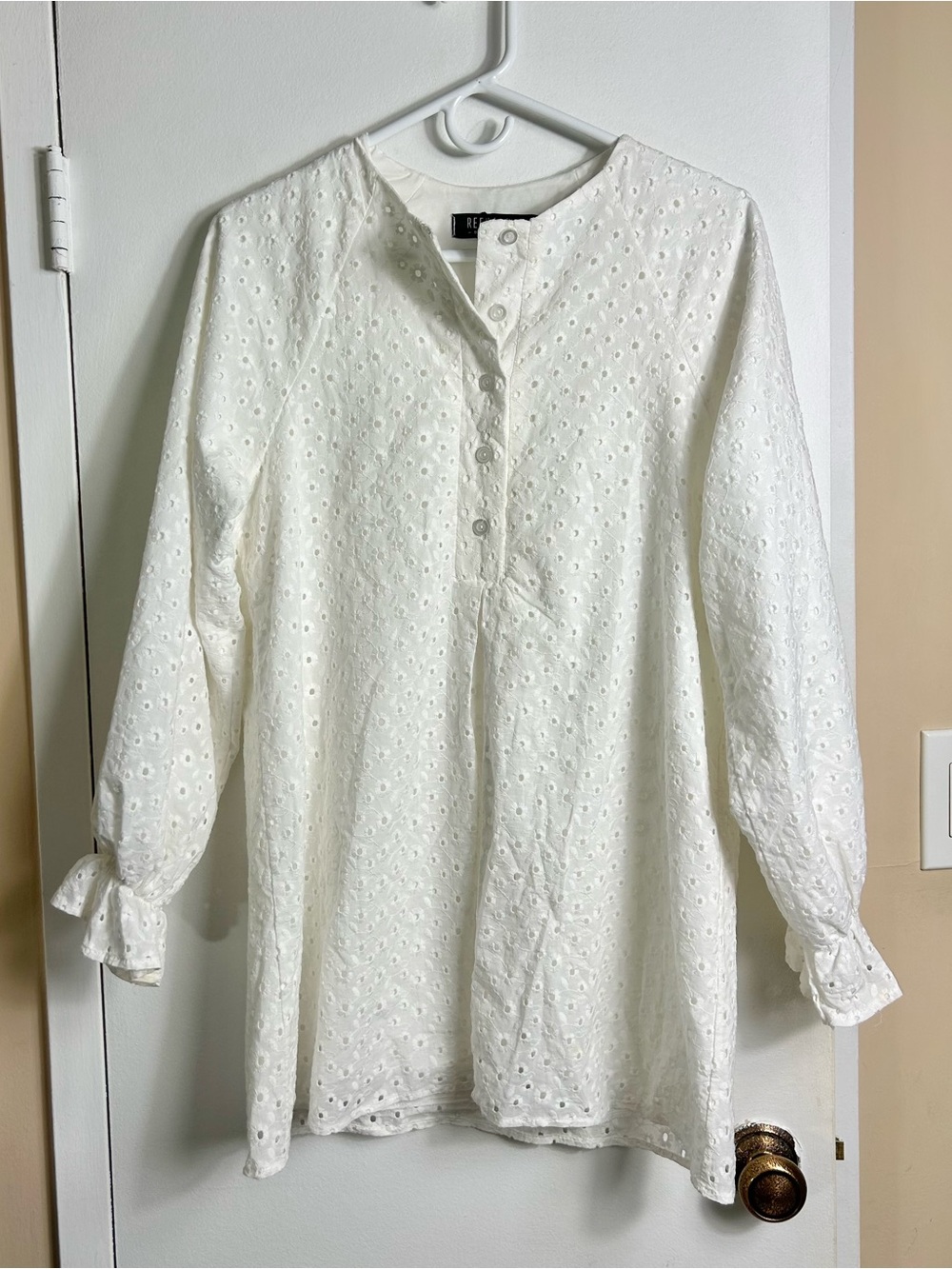 Refka White Eyelet Long Sleeve Tunic Top, Half Button, Ruffle Cuff, Women’s 4